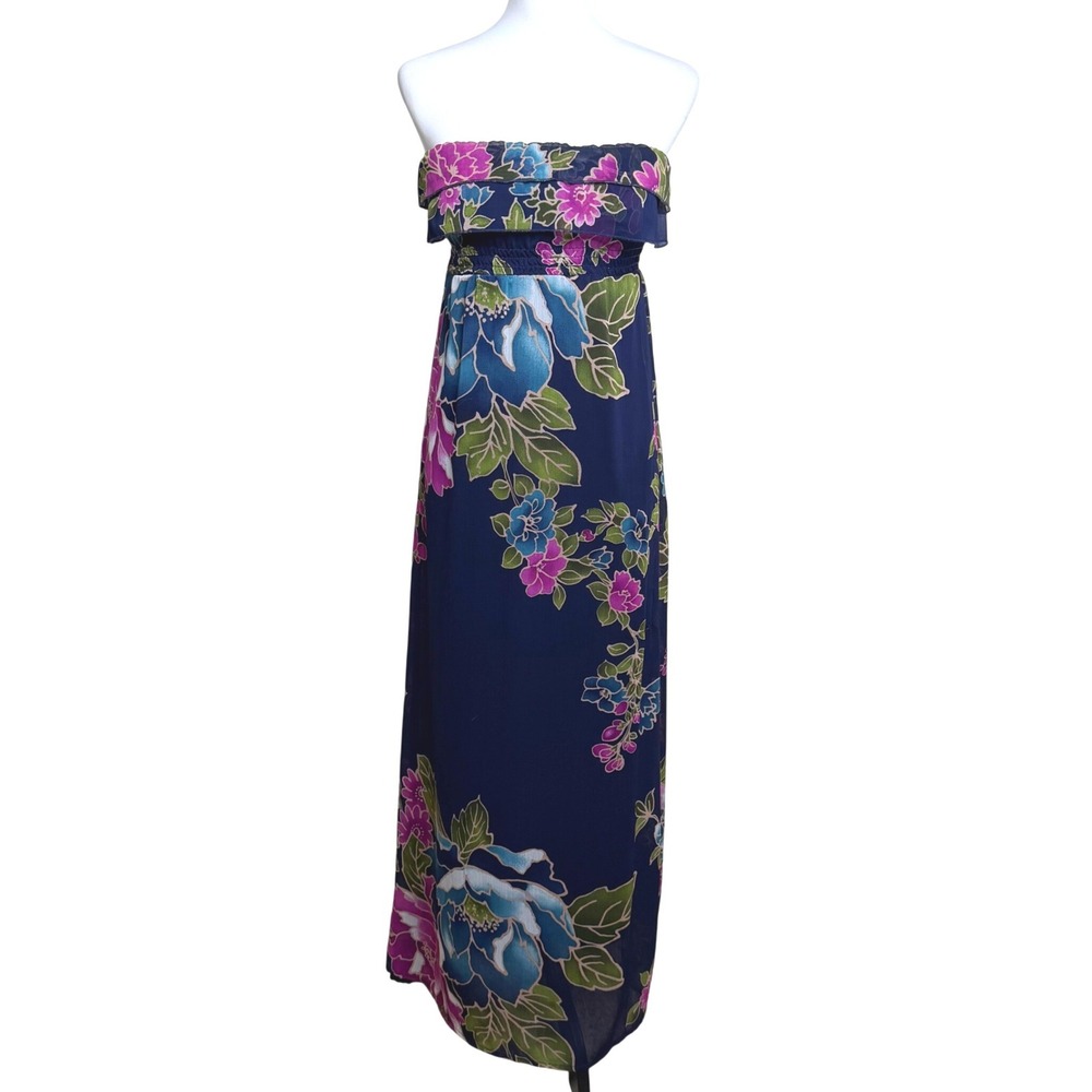 Xhilaration Floral Strapless Maxi Dress Navy Blue Womens XS